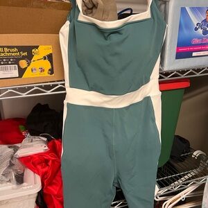 Green and White Jumpsuit with Elegant Color Block Design